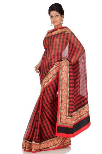 Chinese Red Cotton Net Saree