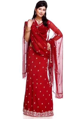 Persian Red Crepe Embroidered Lehenga Unstitched