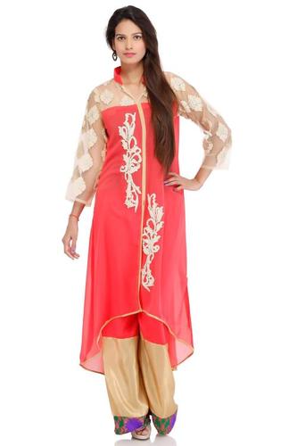 Strawberry Pink Art Georgette Embroidery Readymade Suit
