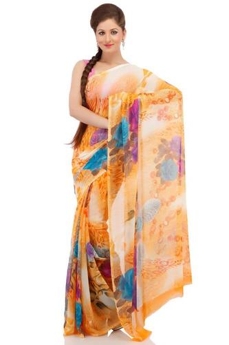 Flame Orange Art Chiffon Printed Saree