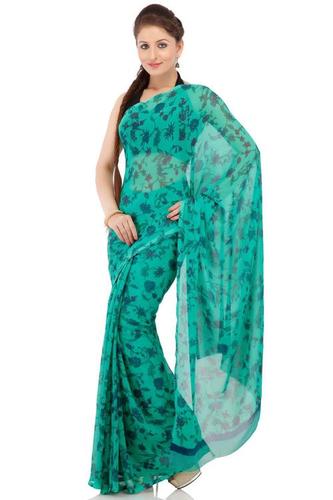 Sea Green Art Chiffon Printed Saree