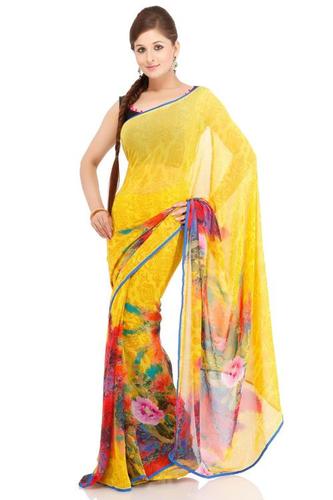 Chrome Lemon Art Georgette Printed Embroidery Saree