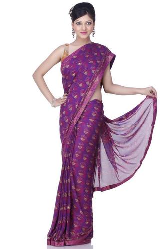 Violet Art Chiffon Printed Embroidery Saree - Chiffon, 5.5 Meters, Violet | Elegant Drape, Bright Prints, Glistening Paisley Border, Sleek Blouse with Bling