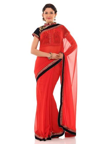 Tomato Red Art Georgette Embroidery Saree