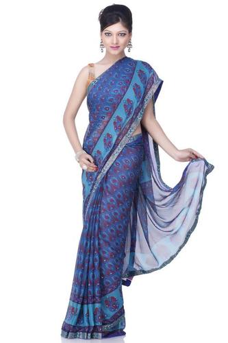 Royal Blue Art Chiffon Printed Embroidery Saree