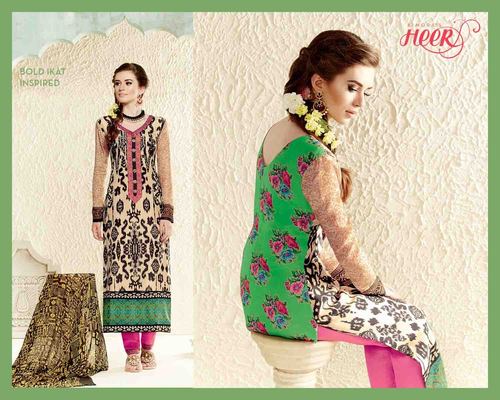 Creamy Green Printed Cotton Silk Salwar Kameez - Cotton Silk, 50 Inch Top, 42 Inch Bottom, 2.25m Dupatta | Printed Design, Straight Style, Full Sleeves