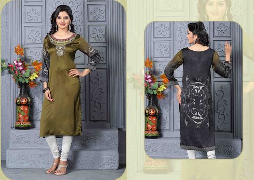 Olive Green Designer Embroidered Readymade Kurti