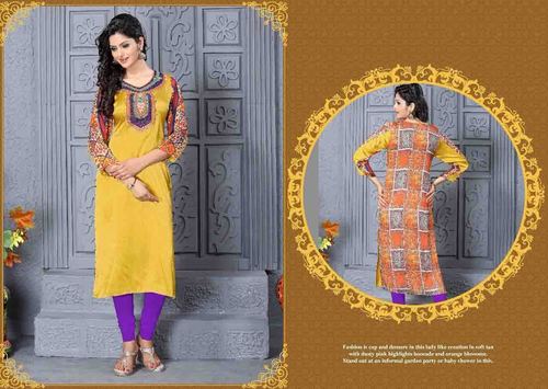 Yellow Orange Shade Embroidered Satin Kurti - Sizes M to XXL, Elegant Fancy Design