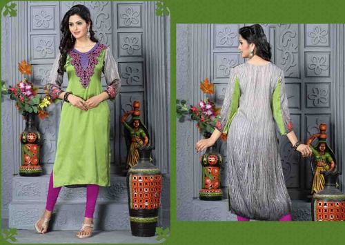 Grey Green Designer Embroidered Kurti - Satin, M-XXL, Knee-Length | Fancy Embroidery, Elegant Design, Comfortable Fit