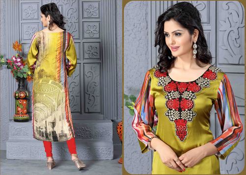 Golden Designer Kurti - Satin Fabric, M-XXL, Golden with Red Embroidery | Elegant Design, Stylish Look, Comfortable Fit