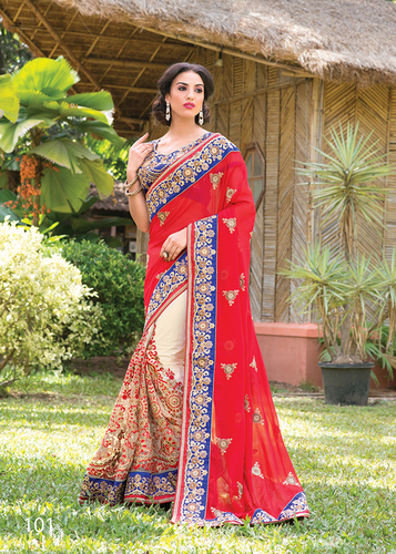 Heavy Pallu - Georgate Fabric, Red, 5.5 Meters | Dhupian Cutwork Embroidery Lace, Elegant Design, Stylish Pallu