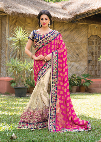 Heavy Pallu - Cocktail Fabric Pink, 5.5 Meters | Elegant Design, Banglori Dhupion Embroidery, Lace Work, Party Wear
