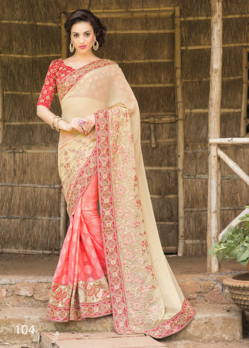 Heavy Pallu - Semi Bemberg Fabric, 5.5m Length, Peach | Intricate Embroidery, Elegant Design, Perfect Drape