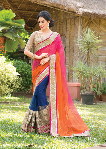 Heavy Pallu - Pink Chiffon, Padded | Lace, Gota, Mirror Work, Stylish Pallu