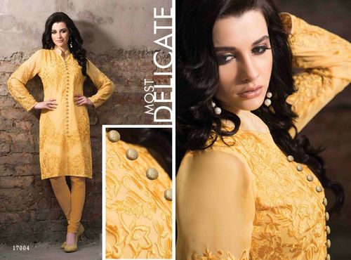 Georgette Embroidered Yellow Kurti
