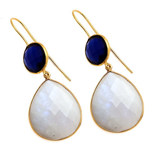 Pear Rainbow Moonstone & Sapphire Gemstone Earring
