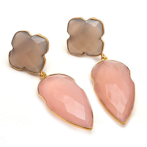 Pink & Gray Chalcedony Gemstone Dangle Earring