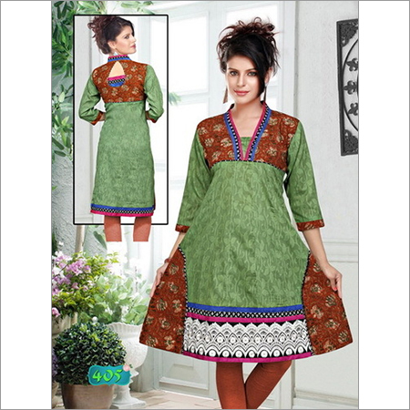 Anarkali Style Kurti - Cotton, Knee-Length, Green | Embroidered, Comfortable Fit, 3/4 Sleeves, V-Neck, Elegant Look, Trendy Fashion, Versatile Style