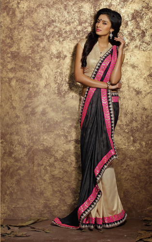 Exceptional Black And Beige Liva Fabric Designer Saree