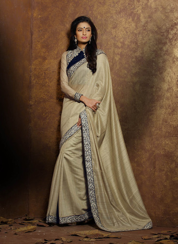 Genius Beige Silk Embroidered Designer Saree