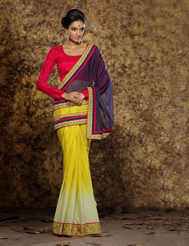 Modern Blue And Yellow Shaded Viscose Saree