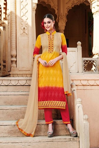 Beige, Pink and Yellow Embroidered and Resham Chiffon, Cotton and Silk Pant Style Suit