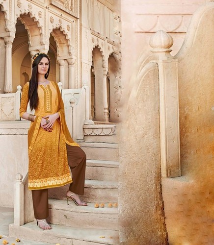 Brown and Orange Chiffon, Cotton and Silk Pant Style Suit