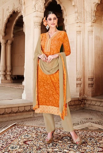 Markable Embroidered and Resham Chiffon, Cotton and Silk Beige and Orange Pant Style Suit