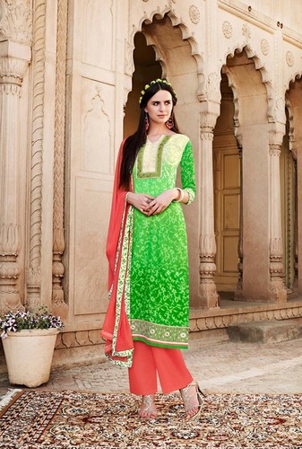 Green and Peach Chiffon, Cotton and Silk Pant Style Suit - Cotton, Silk, Chiffon, Green and Peach, Embroidered Resham Work, Elegant Design