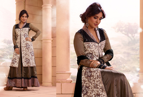 NEHA SHARMA GEORGETTE GREY SEMI STITCHED ANARKALI SUIT 