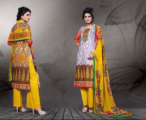 Fashionable and elegant Yellow And White Cotton Digital Printed Churidar Suit