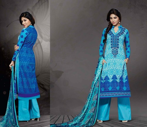Addorable Sky Blue Cotton Digital Printed Straight Cut Suit