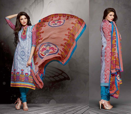 Amazing Light Blue Cotton Digital Printed Straight Cut Suit