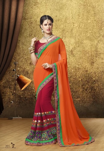 Orange Pink Traditional Heavy Embroidered Saree And Blouse