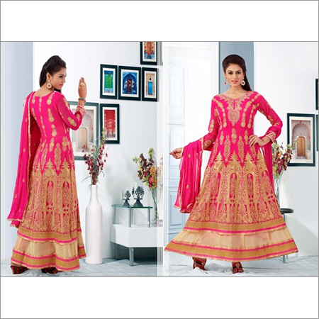 Dark Pink With Golden Embroidery Semi Stitched Suit
