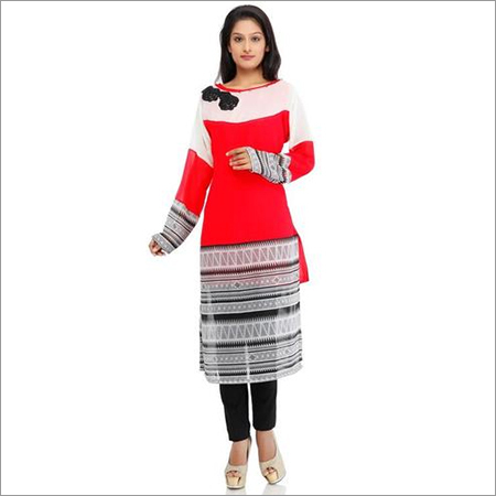 Tomato Red Art Georgette Printed Embroidery Readymade Kurti