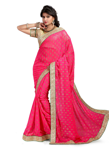Small Floral Printed Saree - Pink Chiffon, Silver Chiffon Blouse, Digital Floral Print, Casual Wear
