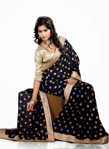 Dotted Print Saree - 60Gm Georgette Black With Silver Georgette Blouse, Zari Embroidery Border, Casual Elegant Wear