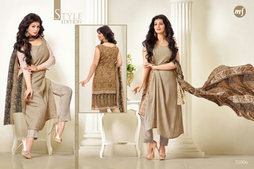 Semistich Fancy Dress Material - Abrisha, Variable Size, Beige | Taakiya Embellishment, Elegant Design, Ready-to-Wear Suit Set