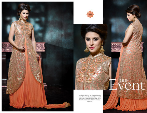 Peachy Orange Full Embroidered Long Jacket Long Suit