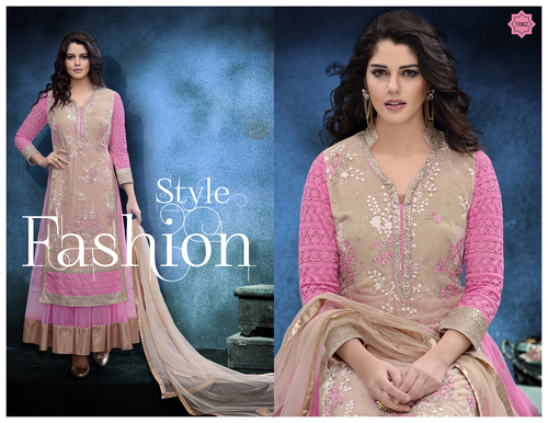 Beige Pink Embroidered Boutique Style Suit - Net Fabric, Chiffon Dupatta, Lace Work, Elegant Design
