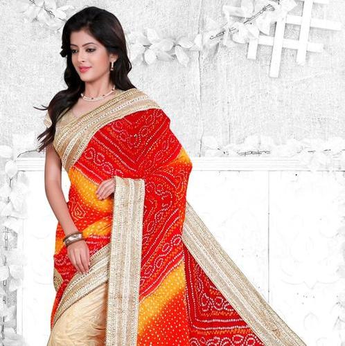 Exclusive Sarees - Net Fabric 5.5m Red, Bandhani Work | Elegant Design, Soft Texture, Comfortable Wear