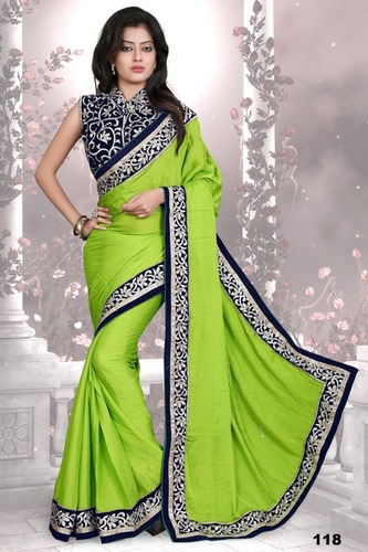 Ladies Wear Saree - Silk, 5.5 Meters, Green | Embroidered Design, Fine Finish, Soft Fabric, Seamless Stitching, Skin-Friendly