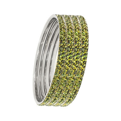 TWO LAYER STONE SILVER BANGLES OLIVE GREEN