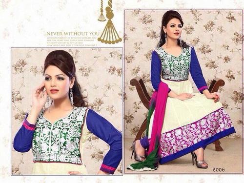 DHOOM 3 - Cotton Fabric, 12 Pc Album, Off-White & Blue, Floral Embroidery, Anarkali Style, Comfortable Wear