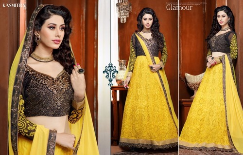 Fancy Yellow Chiken And Embroidered Lahenga Suit - Net, Georgette, Semi Stitched, Chiffon Lace Dupatta | Elegant Design, Fine Embroidery, Occasion Wear