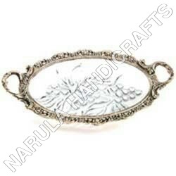Ecstatic Leafy Touch - Metal 12x8 Inches Silver Oval, Elegant Durable Easy-Clean Serving Tray with Two Handles