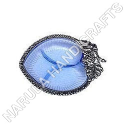 White Metal with Blue Glass Pan Shaped Bowl