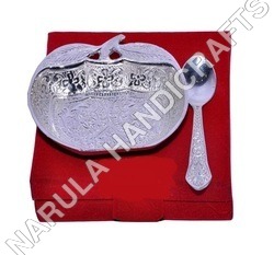 Silver Plated Apple Shaped Brass Bowl With Spoon