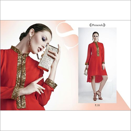 Western Zip Pattern Red Glossy Kurti